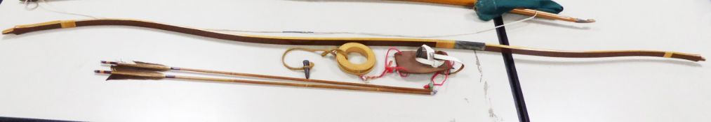 MODERN JAPANESE TRADITIONAL SHAPE LONG BOW with fabric and cane bound grip, approximately 87in (