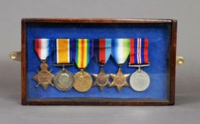 SMALL SLIDE FRONT WOOD AND GLAZED DISPLAY CASE CONTAINING SIX SERVICE MEDALS, WITH RIBBONS, three