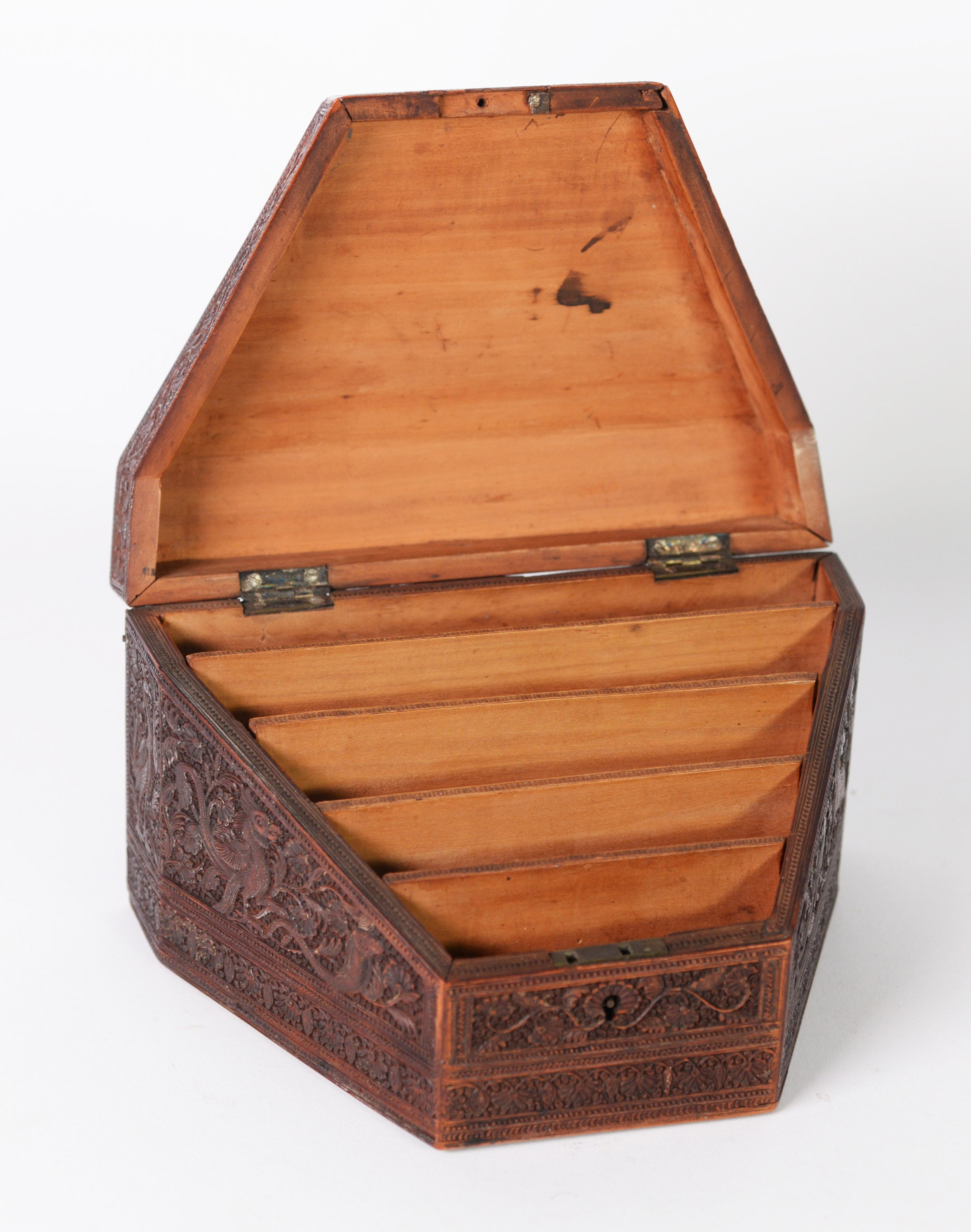 LATE 19th CENTURY INTRICATELY CARVED ANGLO INDIAN SANDALWOOD DESK TIDY, with images in bas relief of