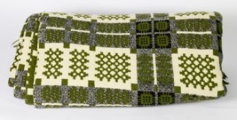 TWENTIETH CENTURY CAERNARFON PATTERN REVERSIBLE WEAVE WELSH WOOL BLANKET, in green, black, grey