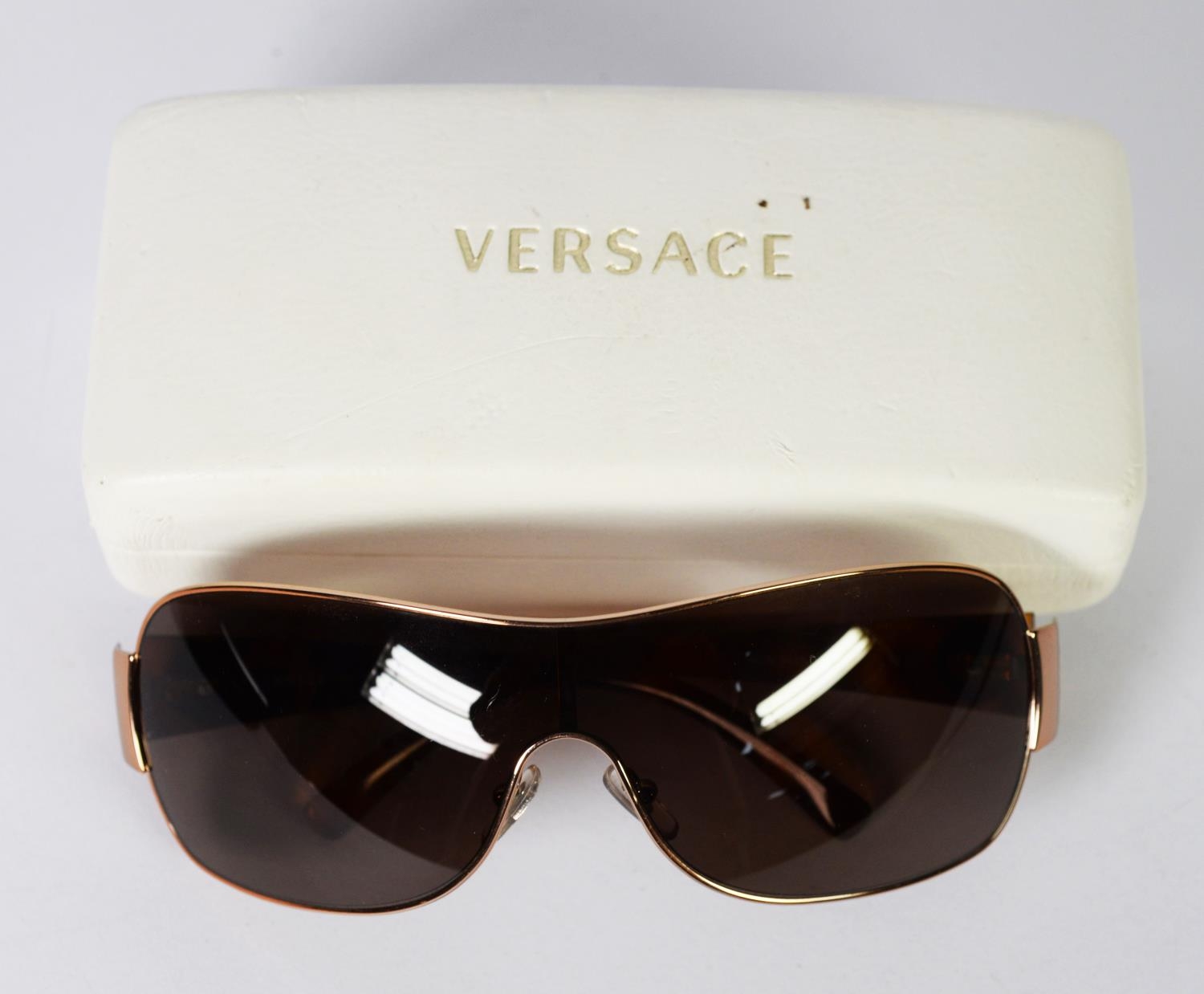 PAIR OF VERSACE-ITALY SUNGLASSES MODEL No. 2078, having gilt framed dark grey lenses, with simulated