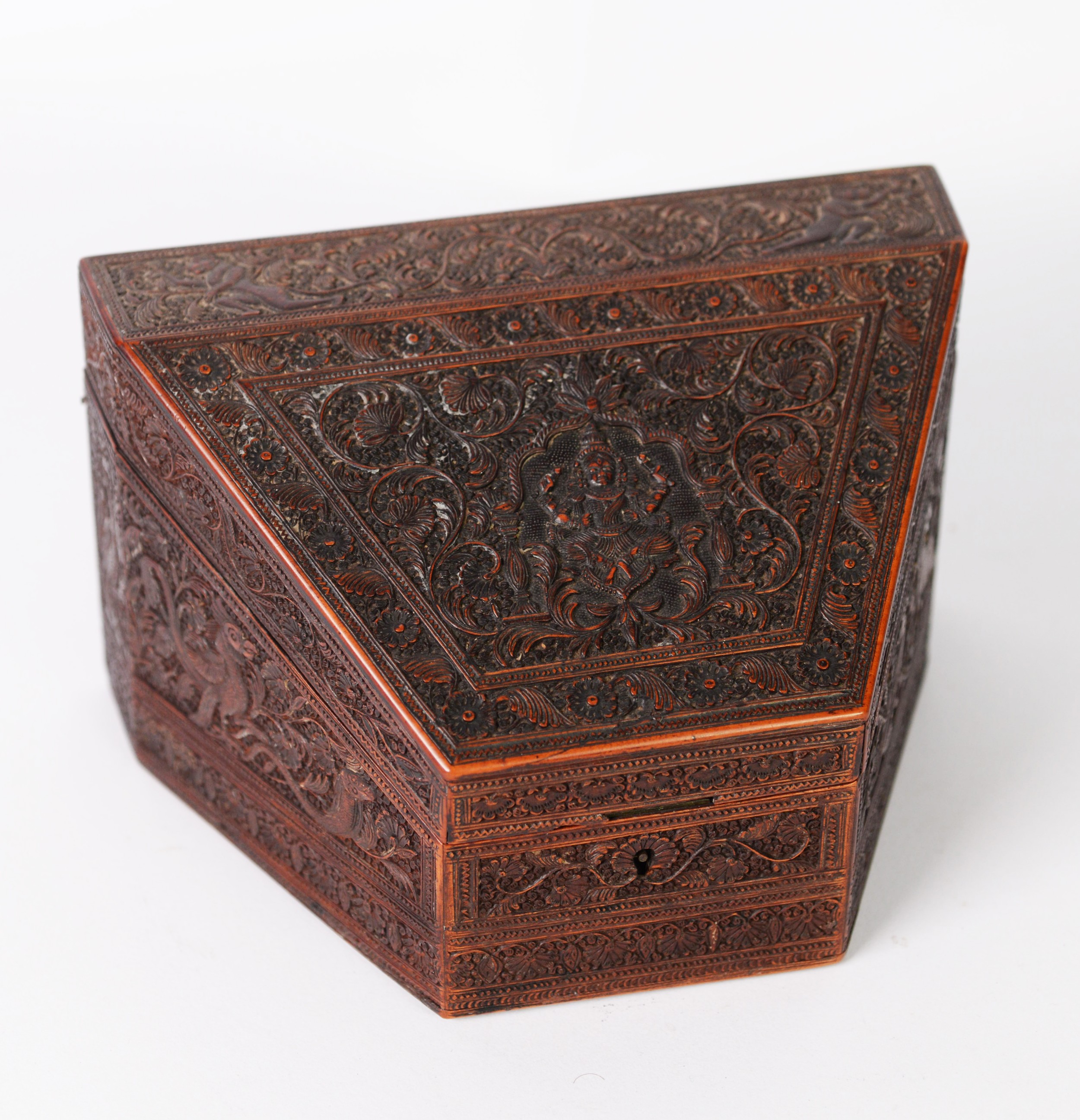 LATE 19th CENTURY INTRICATELY CARVED ANGLO INDIAN SANDALWOOD DESK TIDY, with images in bas relief of - Image 2 of 2