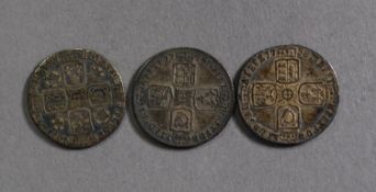 THREE GEORGE III SILVER SIX PENCES, viz 1758 (EF), 1746 with Lima below bust (VF) and 1732 (