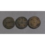 THREE GEORGE III SILVER SIX PENCES, viz 1758 (EF), 1746 with Lima below bust (VF) and 1732 (