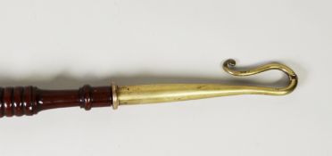 LATE VICTORIAN TURNED MAHOGANY AND BRASS IMPLEMENT, turned mahogany staff with a brass shepherd's