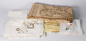 SUNDRY MAINLY HANDWORKED TABLE AND BED LINENS including drawn threadwork and crochet worked tea