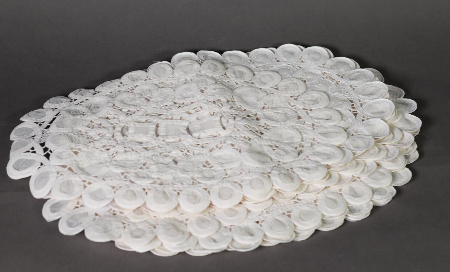 FINE SET OF 12 WHITE OPEN WORK CROCHET AND GAUZE OVAL PLACE MATS, with looped borders, 16 1/2in ( - Image 2 of 2
