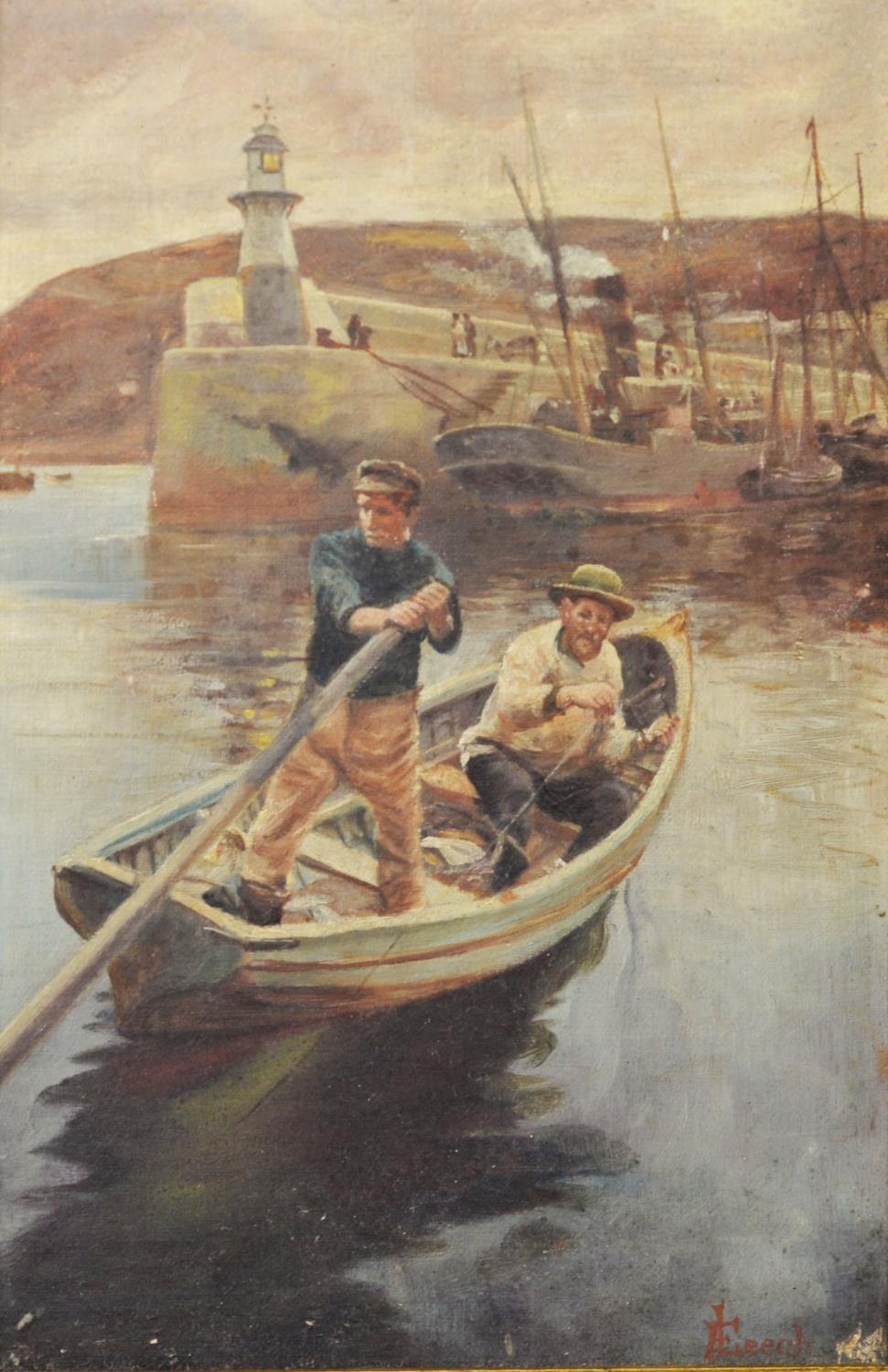 F. LEECH EARLY 20th CENTURY OIL PAINTING ON BOARD, DOCKSIDE WITH MEN IN A ROWING BOAT hand-lining - Image 3 of 3