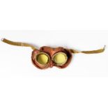 PAIR OF WWII PILOT'S GOGGLES, soft tan leather with plush fabric rims, oval yellow tinted lenses