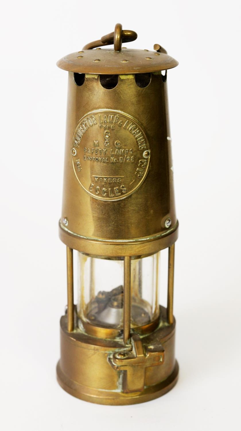 ECCLES PROTECTOR LAMP TYPE 6 M&Q MINER'S BRASS SAFETY LAMP, of typical form