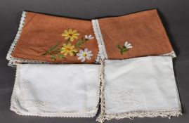 SET OF BROWN DYED LINEN TABLE MATS AND NAPKINS with floral embroidered motif and elaborate crocheted