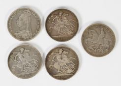 FOUR VICTORIAN SILVER CROWN COINS 1889 & 1890 x 3, all considered to be (F), together with a