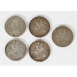 FOUR VICTORIAN SILVER CROWN COINS 1889 & 1890 x 3, all considered to be (F), together with a