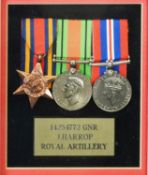 THREE WORLD WAR II SERVICE MEDALS AWARDED TO 14254772 GNR J. HARROP ROYAL ARTILLERY, viz Burma Star,