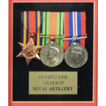 THREE WORLD WAR II SERVICE MEDALS AWARDED TO 14254772 GNR J. HARROP ROYAL ARTILLERY, viz Burma Star,