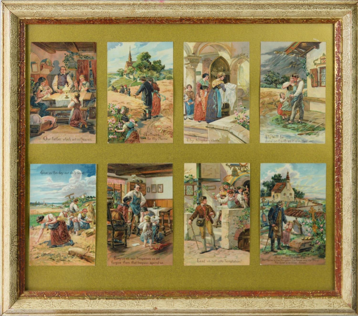 FRAMED SET OF EIGHT EARLY TWENTIETH CENTURY CHROMOLITHOGRAPHED 'LORDS PRAYER' POSTCARDS, ALSO a - Image 3 of 4