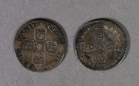 WILLIAM III SILVER SIXPENCE 1696 with N (Norwich) below bust (fine) and a QUEEN ANNE SILVER