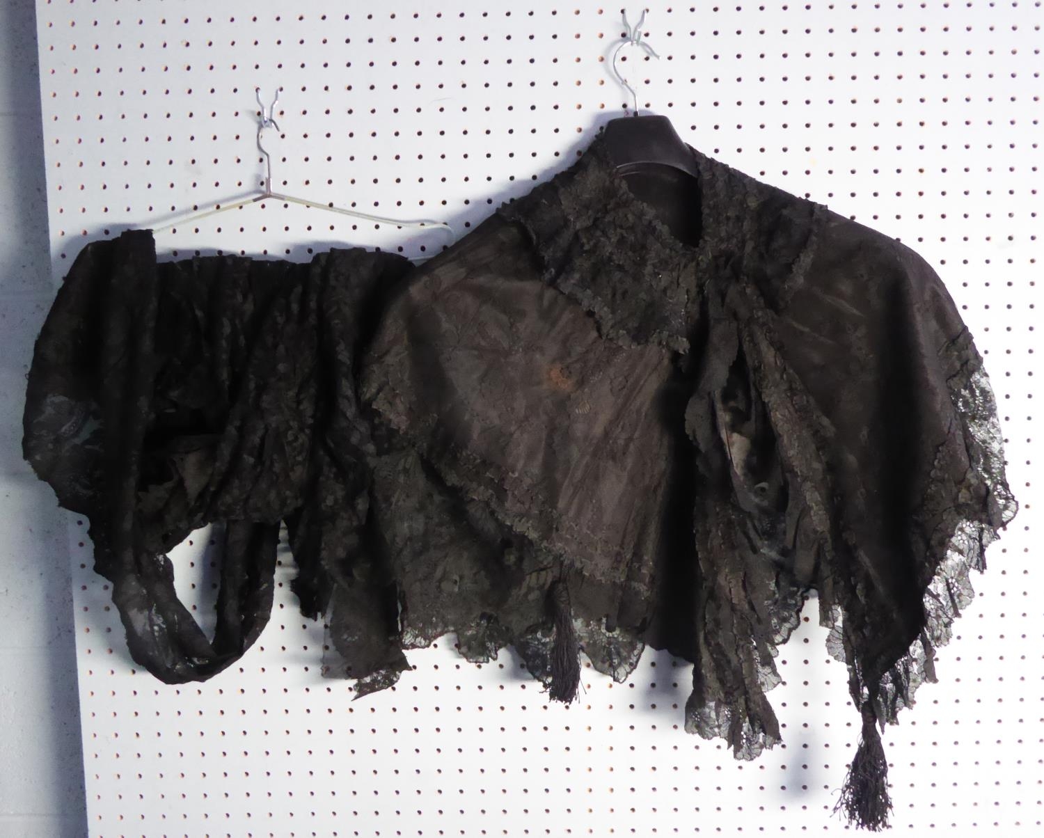VICTORIAN BLACK LACE SHORT CAPE with silk lining; large black lace RECTANGULAR SHAWL (with tear) and