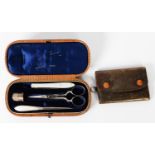 VICTORIAN SMALL LEATHER CLAD SEWING CASE fitted with silver thimble, Birmingham 1890, penknife,