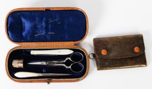 VICTORIAN SMALL LEATHER CLAD SEWING CASE fitted with silver thimble, Birmingham 1890, penknife,