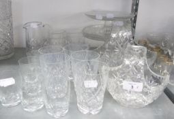 TWO GRADUATED GLASS CAKE STANDS, TWO GRADUATED GLASS BASKETS, CRYSTAL WATER JUG, SET OF SIX