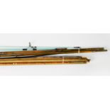 CIRCA 1920s BUILT CANE THREE-PIECE FLY FISHING ROD, with two top pieces in the khaki clad fitted rod