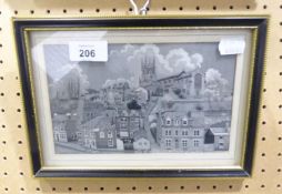 A BLACK AND WHITE MACHINE WOVEN SILK PICTURE, MACCLESFIELD TOWNSCAPE