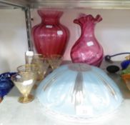 CRANBERRY GLASS JUG AND VASE, PLUS VODKA GLASSES, MOULDED CEILING DOME AND STOPPER (QUANTITY)