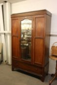 MAHOGANY INLAID SINGLE MIRROR DOOR WARDROBE, WITH DRAWER BELOW AND A LOW OAK 2 DRAWER CHEST (2)
