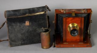 EARLY 20TH CENTURY MAHOGANY FIELD CAMERA, with detachable objective lens, plus a selection of