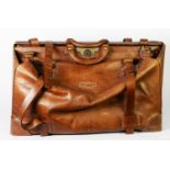 VERY LARGE BROWN LEATHER GLADSTONE BAG with short or long buckle fastening straps and centre