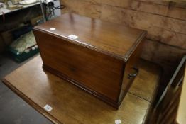 A LATE NINETEENTH CENTURY MAHOGANY OBLONG BOX, WITH DEEP HINGED LID, METAL END HANDLES