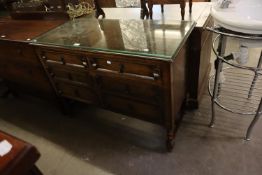 JACOBEAN STYLE OAK CHEST OF TWO SHORT AND TWO LONG DRAWERS, WITH COFFERED FRONTS, ON SPIRALLY