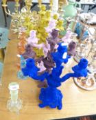 FIVE PLUSH FABRIC CANDELABRUM IN VARYING COLOURS, PLUS SIX COLOURED GLASS CANDLESTICKS (13)