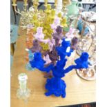 FIVE PLUSH FABRIC CANDELABRUM IN VARYING COLOURS, PLUS SIX COLOURED GLASS CANDLESTICKS (13)