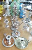A LARGE AND SMALLER PAIR OF SILVER PLATED ON COPPER CANDELABRUM, PLUS TWO CHAMBER-STICKS (6)