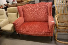 19TH CENTURY WINGED TWO SEATER SETTEE, COVERED IN WINE COLOURED CUT VELVET, ON CABRIOLE FRONT