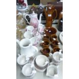 MYOTTS EMBOSSED BROWN GLAZED POTTERY COFFEE SET, FOR SIX PERSONS WITH PINK PICTORIAL TOPOGRAPHICAL