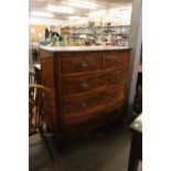 GEORGE III MAHOGANY BOW FRONTED CHEST OF TWO SHORT AND THREE LONG DRAWERS, ON SPLAY BRACKET FEET,