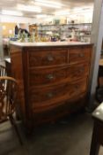 GEORGE III MAHOGANY BOW FRONTED CHEST OF TWO SHORT AND THREE LONG DRAWERS, ON SPLAY BRACKET FEET,