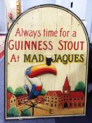 VINTAGE PAINTED WOOD MILESTONE SHAPED PUB SIGN - Mad Jaques, inscribed 'Always time for a Guinness