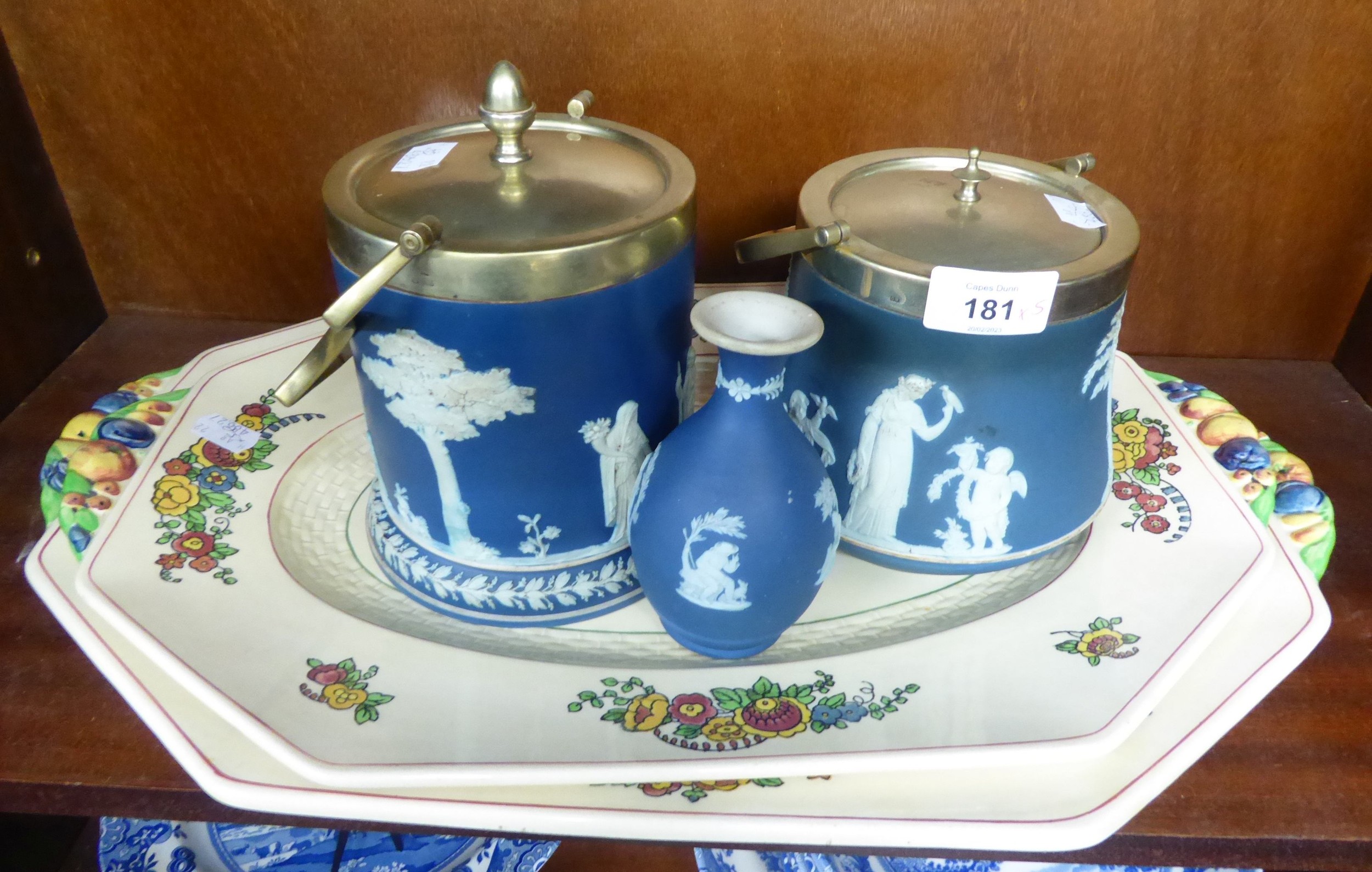 WEDGWOOD BLUE DIPPED JASPERWARE SWING HANDLED BISCUIT BARREL AND COVER, ANOTHER SIMILAR BY ETURIA,