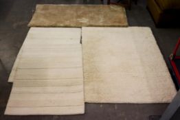 TWO SHENKIN ‘HARVEST STRIPED’ IVORY COLOURED OBLONG RUGS, 5’ X 3’ AND A CLARENDON ‘AYRSHIRE’ IVORY