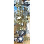 DUTCH BRASS CANDELABRA, BRASS SUNDIAL HOUR-GLASS AND OTHER MIXED METALWARE AND CLOCKS (QUANTITY)