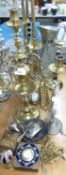 DUTCH BRASS CANDELABRA, BRASS SUNDIAL HOUR-GLASS AND OTHER MIXED METALWARE AND CLOCKS (QUANTITY)