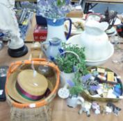 MINOR COLLECTABLES TO INCLUDE; A STRAW HAT, A WICKER BASKET, A WHITE GLAZED POTTERY WASH BASIN AND