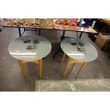 STYLISH PAIR OF MODERN BEECH OCCASIONAL TABLES, each with a frosted, circular glass top printed with