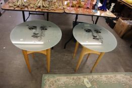STYLISH PAIR OF MODERN BEECH OCCASIONAL TABLES, each with a frosted, circular glass top printed with