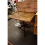 A NINETEENTH CENTURY SMALL OAK BREAKFAST TABLE, WITH RECTANGULAR TOP, ON TURNED COLUMN AND TRI-POD