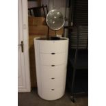 DOLIO WHITE FINISH MODERN OVAL ‘DRUM’ CHEST OF FOUR GRADUATED DEEP DRAWERS AND THE CIRCULAR FREE-